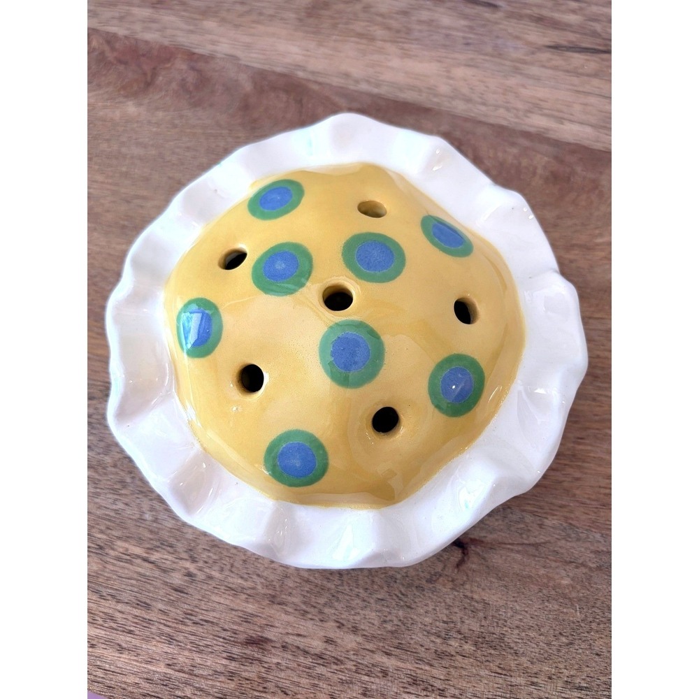 Artisan Ceramic Flower Frog Signed DeYoung‎ '09 Ruffled Polka Dot Studio Pottery